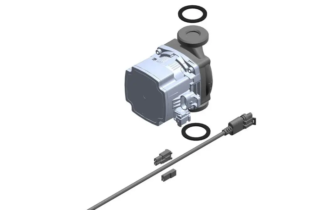 Bosch Pumpe mit elektrischen Anschlüssen, O-Ringen und einem abnehmbaren Kabel. Die Pumpe hat eine kompakte, rechteckige Bauform.